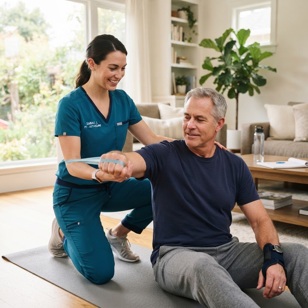 A physical therapist assisting a patient with rehabilitation at home